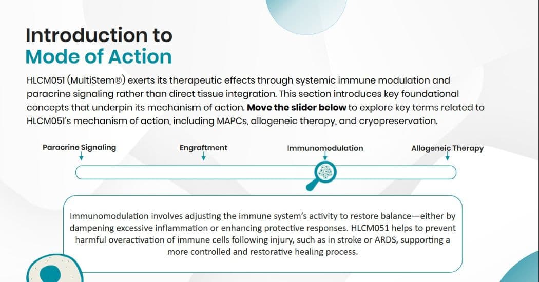 E-learning slide explaining key mode of action concepts of HLCM051 (MultiStem®), including paracrine signalling, engraftment, immunomodulation, and allogeneic therapy.