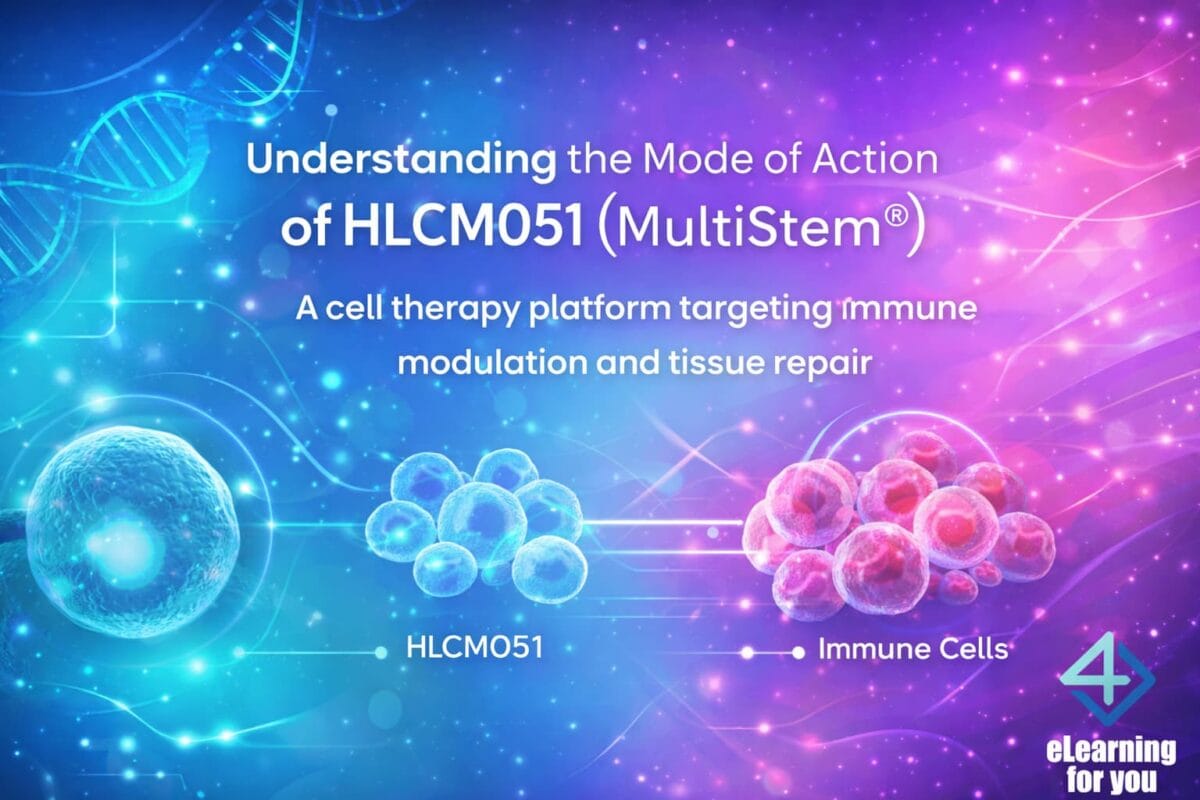 E-learning banner illustrating the mode of action of HLCM051 (MultiStem®), with immune cells, molecular visuals, and modern medical design elements.