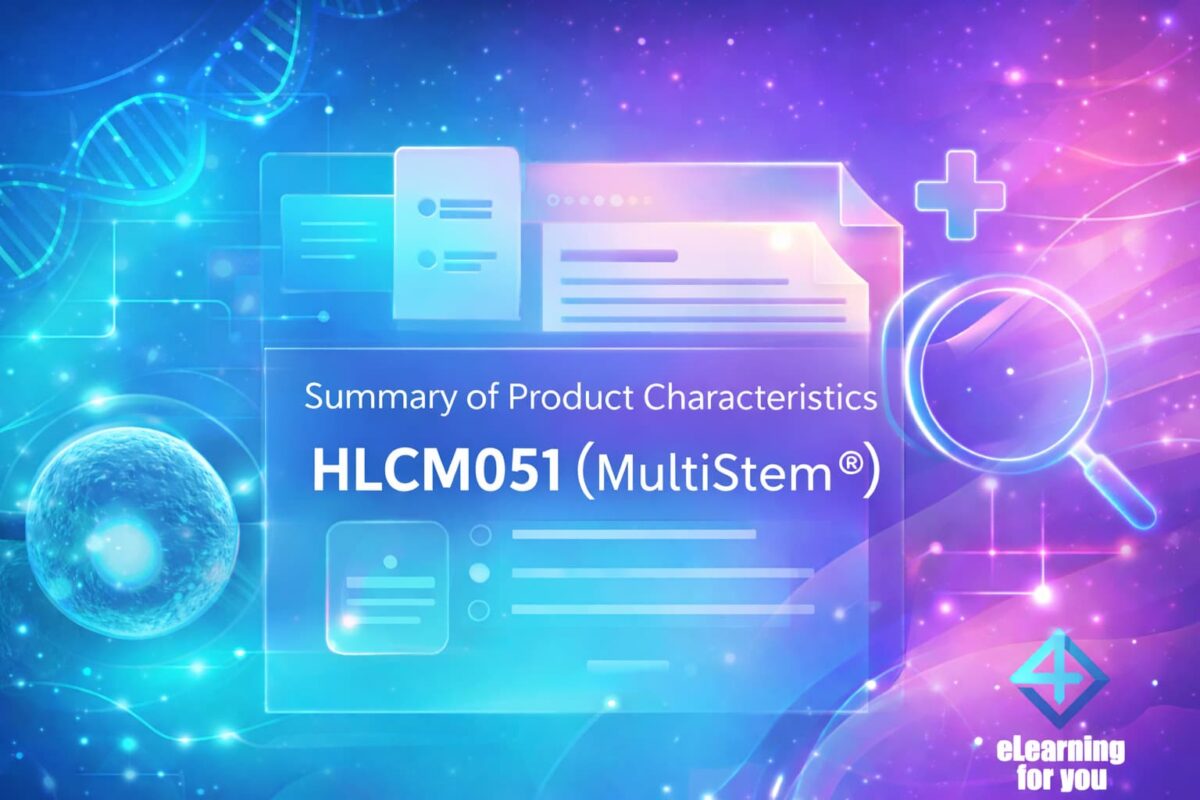 E-learning banner showing a digital Summary of Product Characteristics for HLCM051 (MultiStem®), with medical interface elements and modern gradient design.