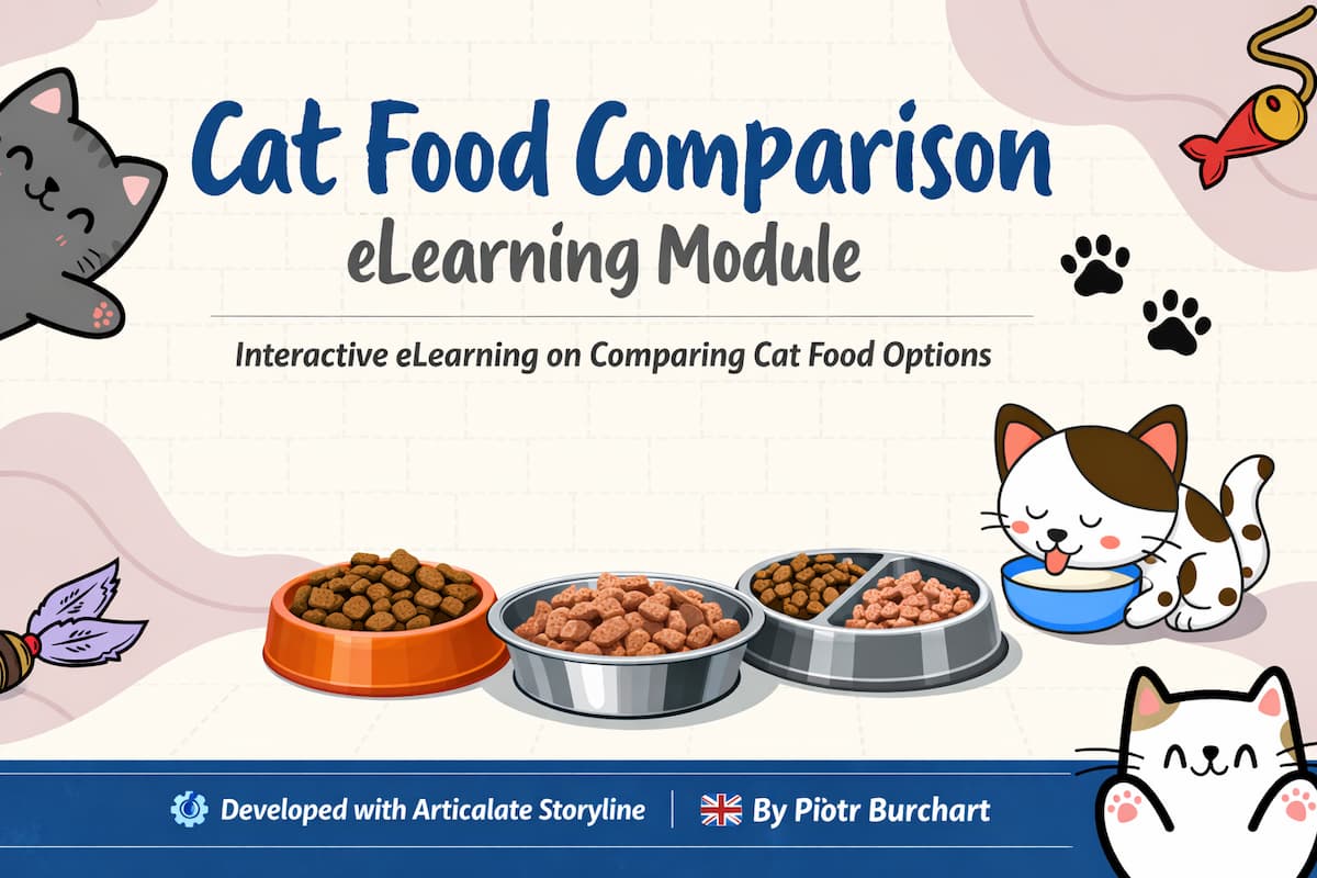 Banner for a cat food comparison module showing illustrated cats and bowls of different cat food types, representing an interactive eLearning project built in Articulate Storyline.