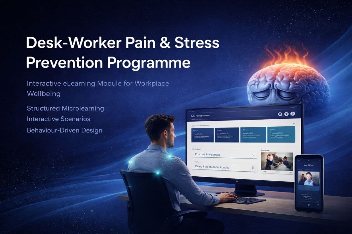 Banner showcasing the Desk-Worker Pain & Stress Prevention eLearning module interface with desktop and mobile views alongside a conceptual stressed brain illustration.