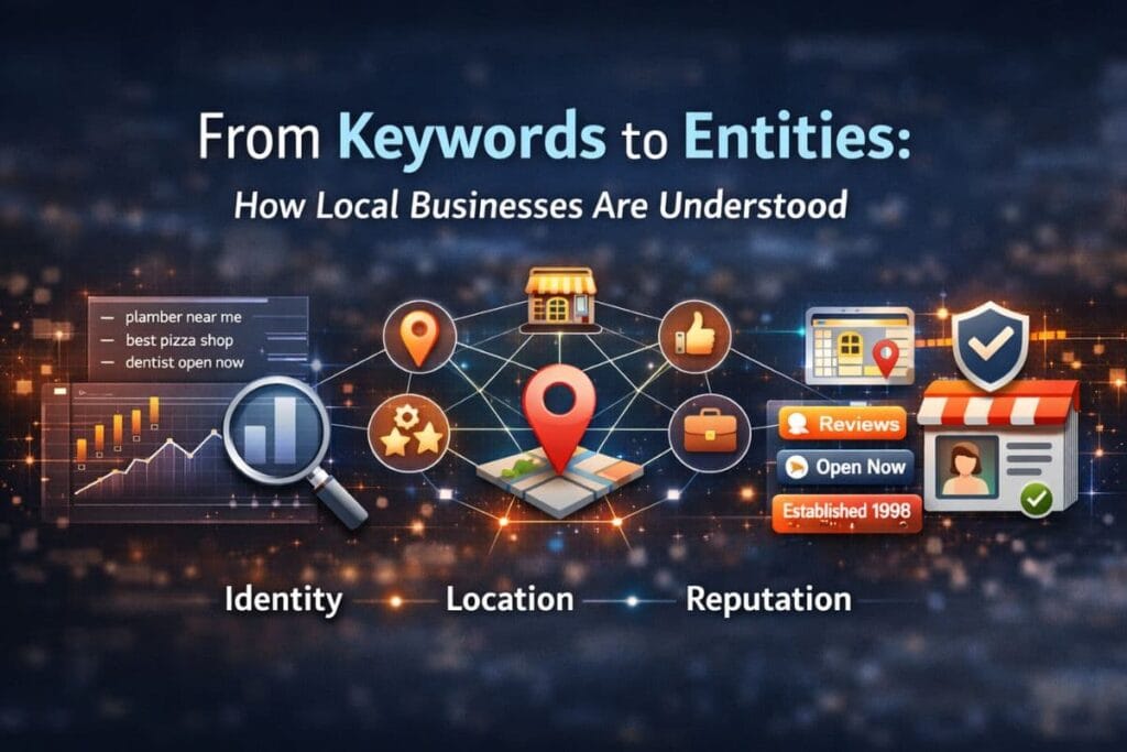 Diagram illustrating how local businesses are understood as entities through location, services, reviews, and consistent business information rather than keywords alone.