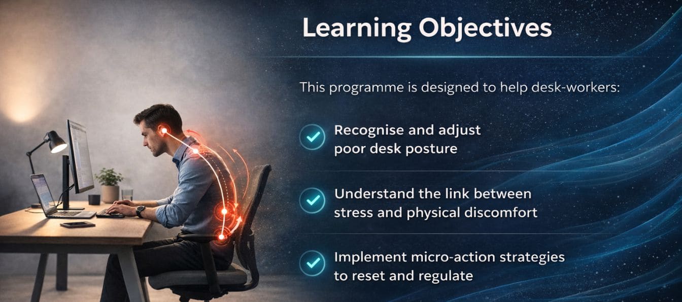 Learning Objectives graphic showing a desk worker with poor posture and three goals: recognising pain triggers, understanding the stress–pain loop, and implementing micro-movement breaks.