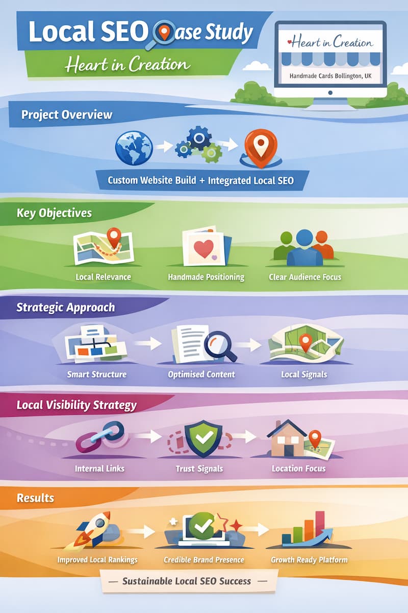 Infographic summarising a local SEO case study for a Bollington-based handmade greeting cards business, showing website build, local optimisation strategy, and visibility outcomes
