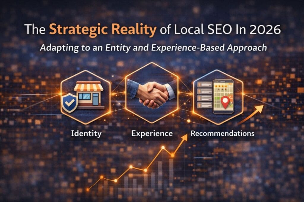 Illustration showing how local SEO strategy in 2026 is built on business identity, real-world experience, and trusted recommendations rather than rankings alone.