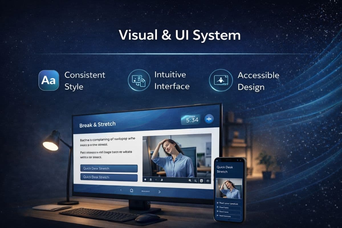 Banner illustrating the Visual & UI System of a workplace e-learning module, highlighting consistent style, intuitive interface, and accessible design across desktop and mobile screens.