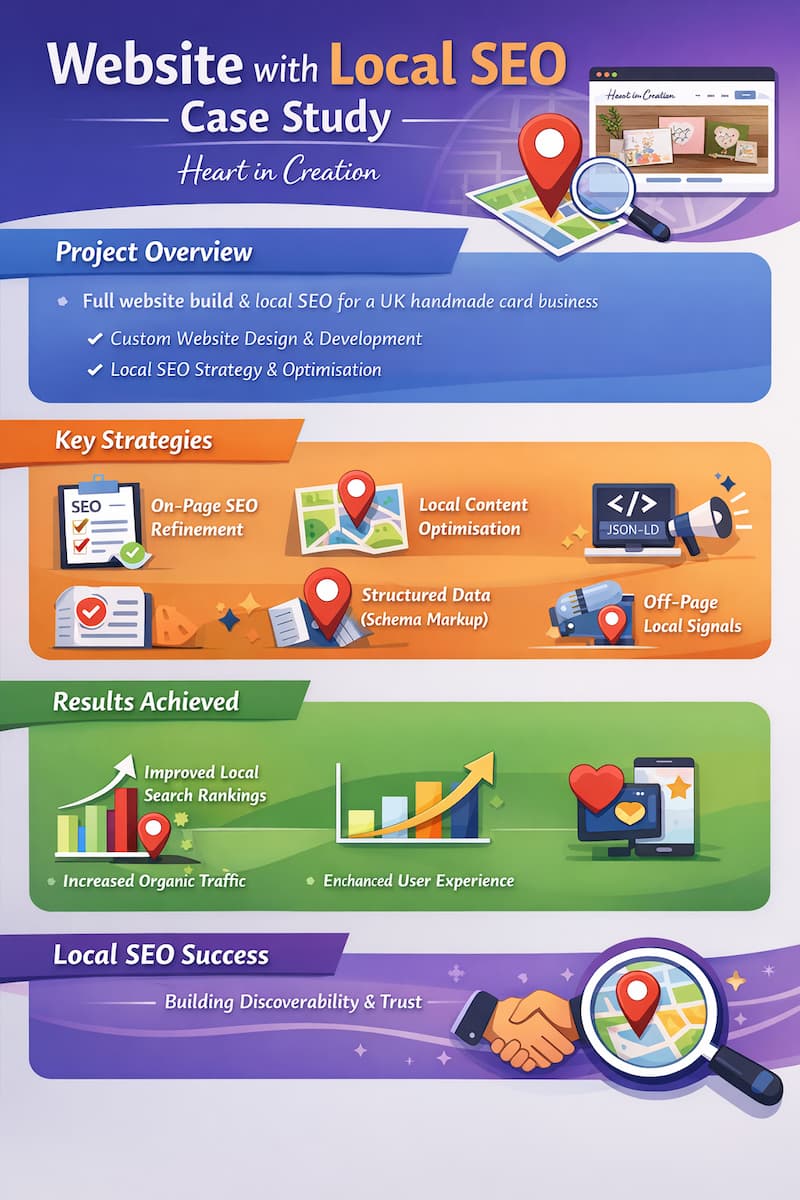 Infographic showing a Website with Local SEO Case Study, including on-page SEO, local content, structured data, and local visibility outcomes for a UK small business.