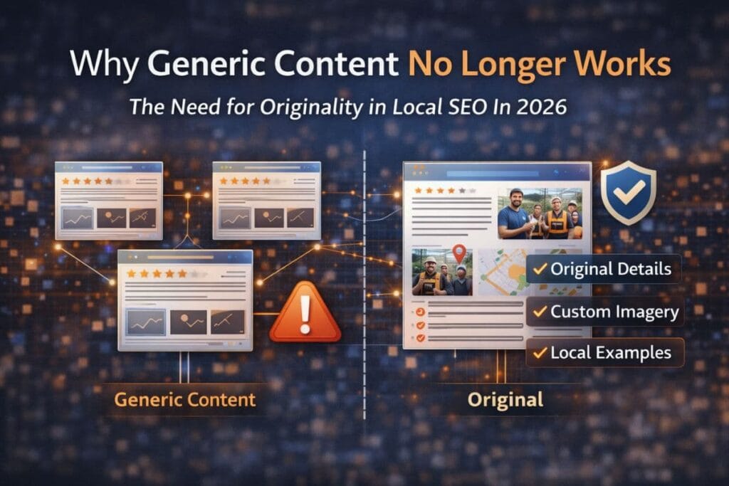 Comparison showing generic, duplicated content versus original local content with real imagery and specific details that improve trust and visibility.