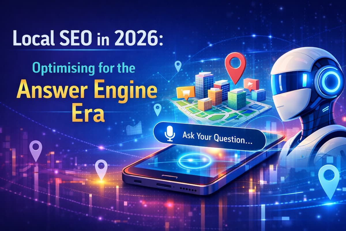Local SEO in 2026 banner illustrating AI-driven local search, UK business visibility, and answer engine optimisation.